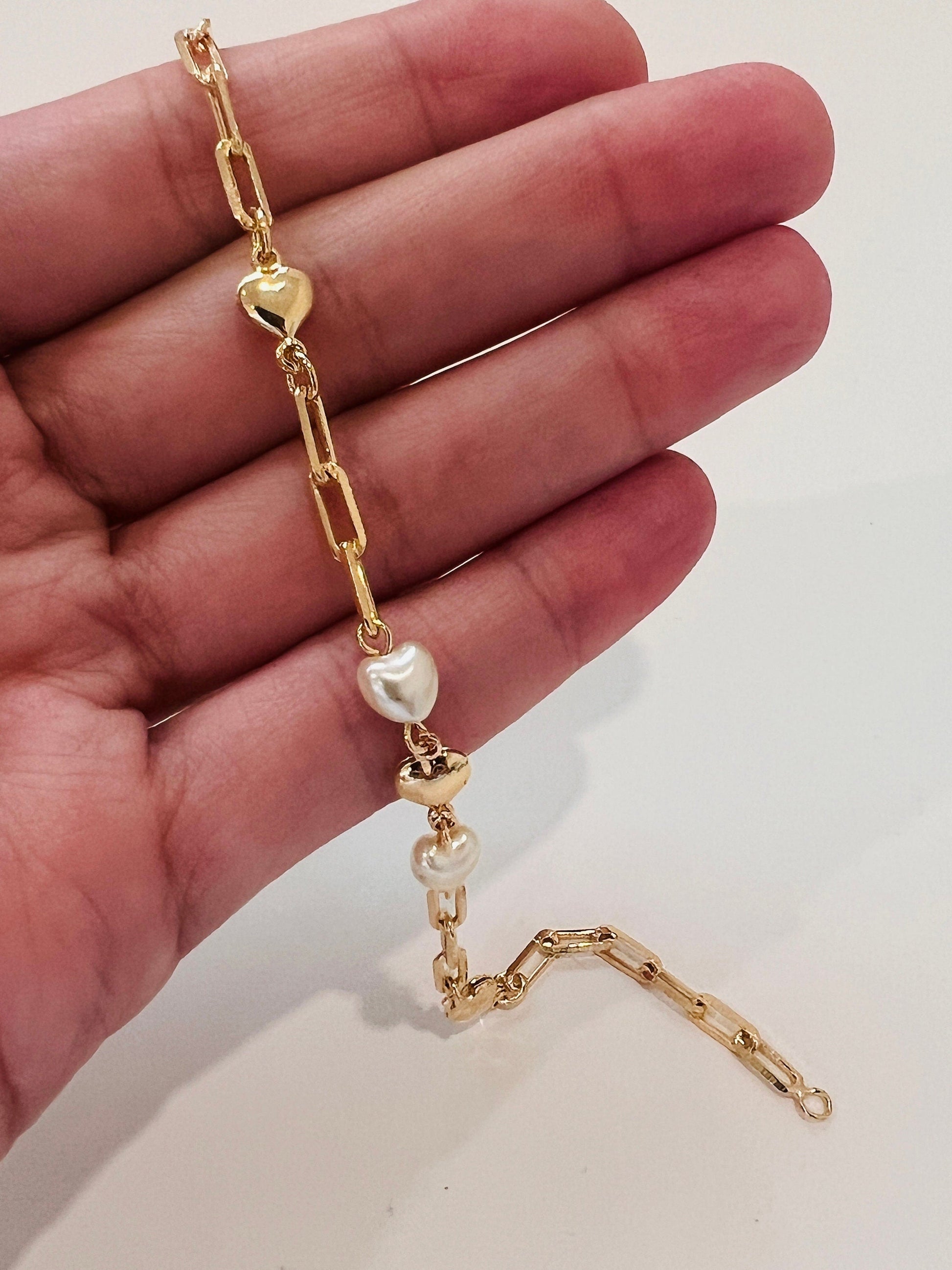 18KT Gold Filled Bracelets, Gold Filled Heart & Pearl Paperclip Bracelet | 7" Elegant Layering Jewelry by HAUS OF MONOGRAM