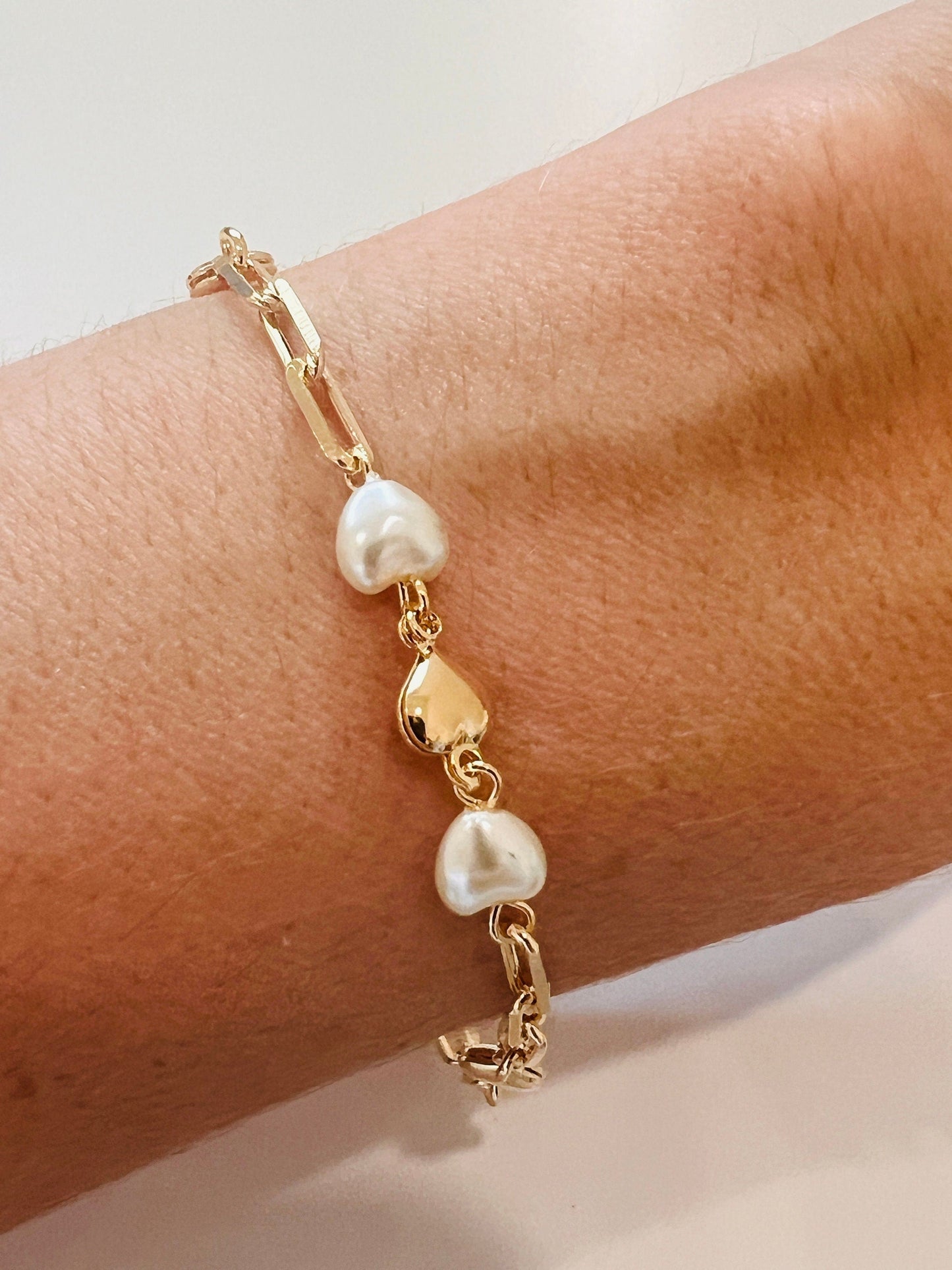 18KT Gold Filled Bracelets, Gold Filled Heart & Pearl Paperclip Bracelet | 7" Elegant Layering Jewelry by HAUS OF MONOGRAM