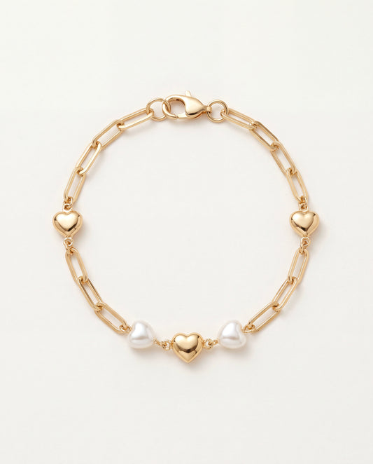 18KT Gold Filled Bracelets, Gold Filled Heart & Pearl Paperclip Bracelet | 7" Elegant Layering Jewelry by HAUS OF MONOGRAM