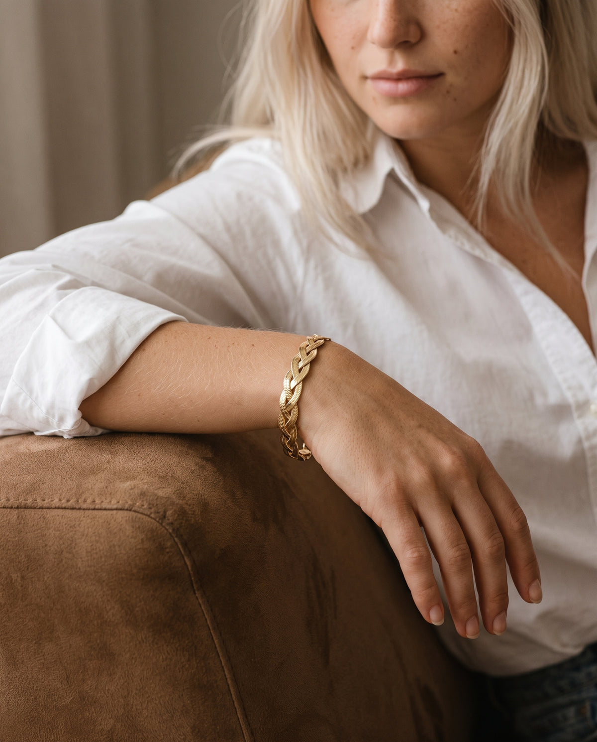 Gold Filled Herringbone Bracelet worn by a model