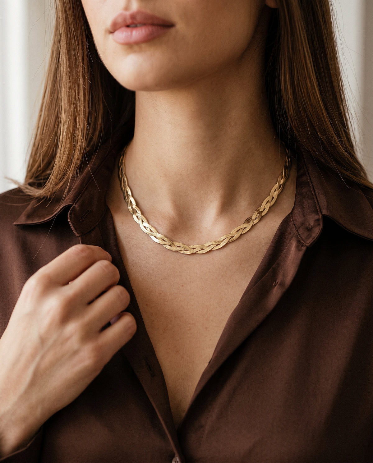 Gold Filled Herringbone Necklace worn by a model