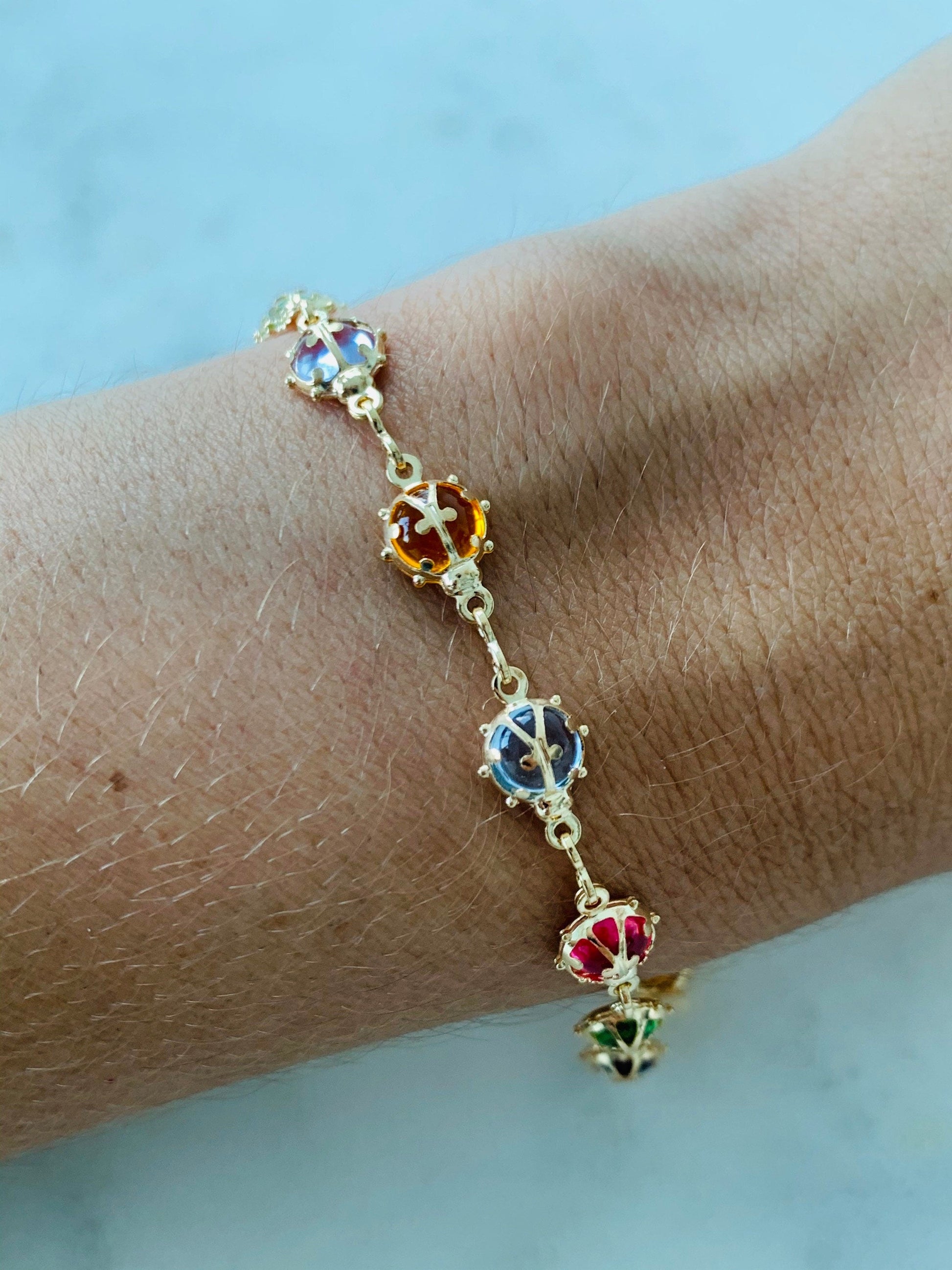 Gold Filled Ladybug Bracelet | 5mm Gemstone Detail | 7.5" by HAUS OF MONOGRAM