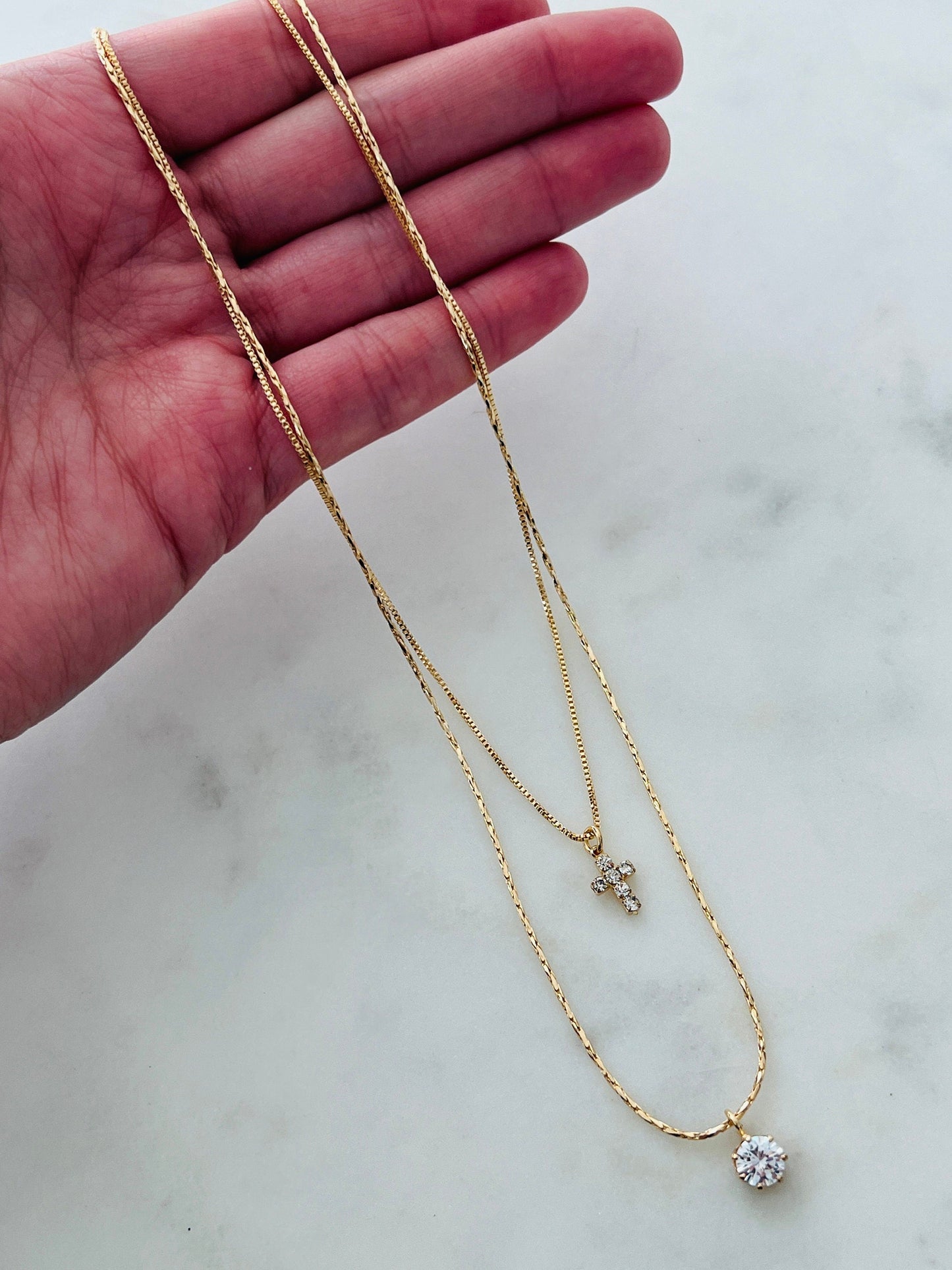 18KT Gold Filled Necklaces, Gold Filled Layered CZ Cross Necklace | Dainty Faith-Inspired Jewelry by HAUS OF MONOGRAM
