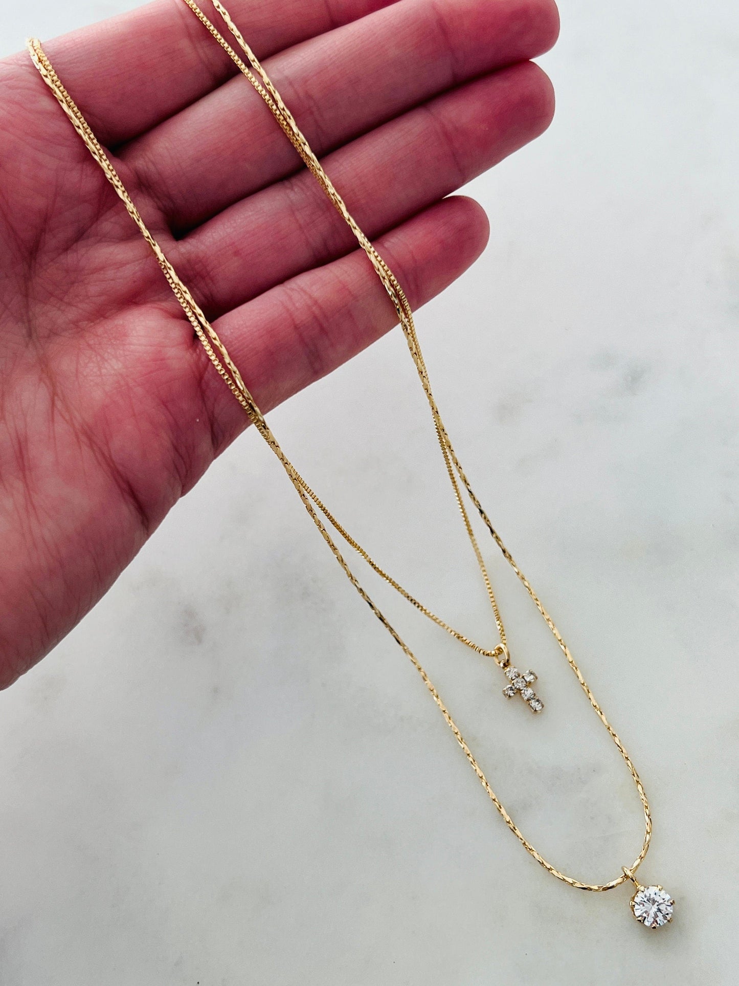 18KT Gold Filled Necklaces, Gold Filled Layered CZ Cross Necklace | Dainty Faith-Inspired Jewelry by HAUS OF MONOGRAM