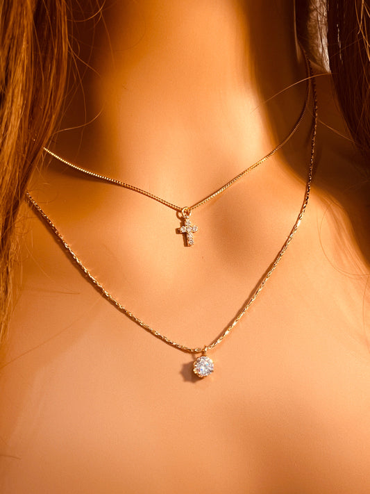 18KT Gold Filled Necklaces, Gold Filled Layered CZ Cross Necklace | Dainty Faith-Inspired Jewelry by HAUS OF MONOGRAM