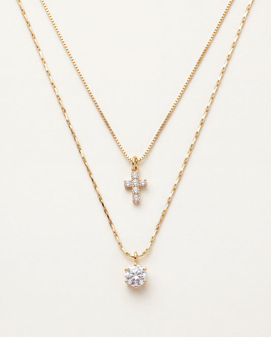 18KT Gold Filled Necklaces, Gold Filled Layered CZ Cross Necklace | Dainty Faith-Inspired Jewelry by HAUS OF MONOGRAM