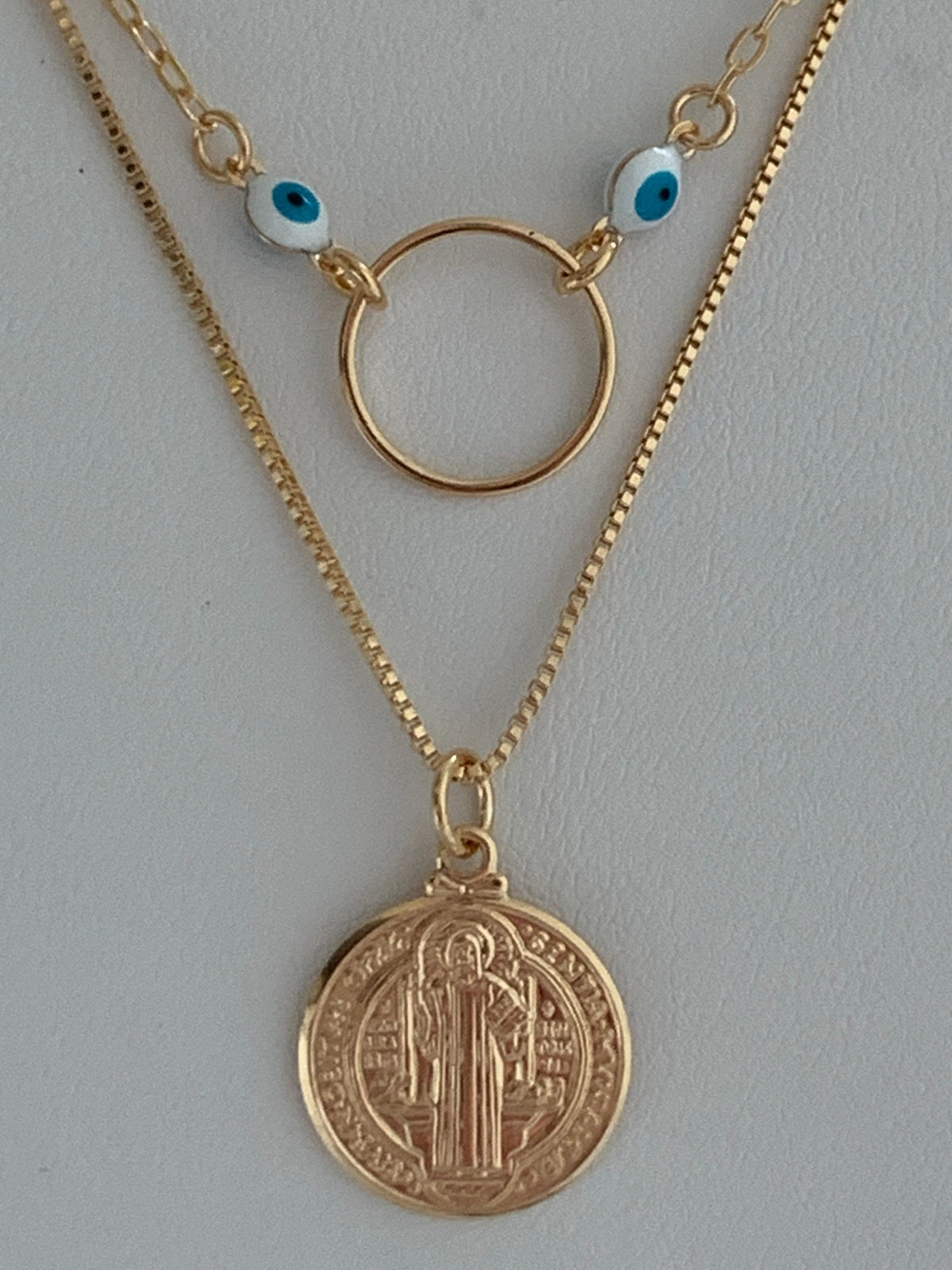 18KT Gold Filled Necklaces, Gold Filled Layered Necklace | Saint Benedict Charm | 15" + 2" by HAUS OF MONOGRAM