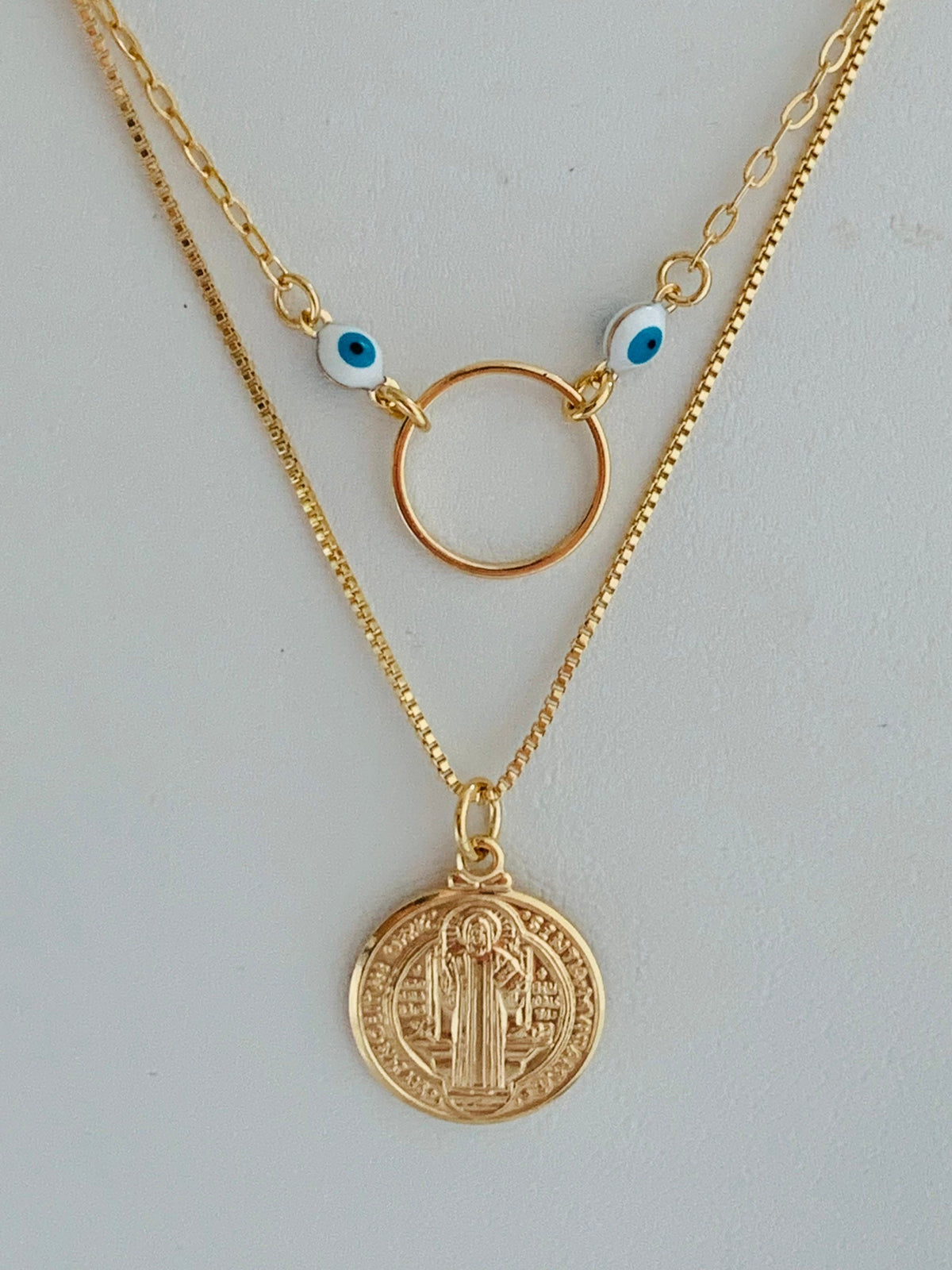 18KT Gold Filled Necklaces, Gold Filled Layered Necklace | Saint Benedict Charm | 15" + 2" by HAUS OF MONOGRAM