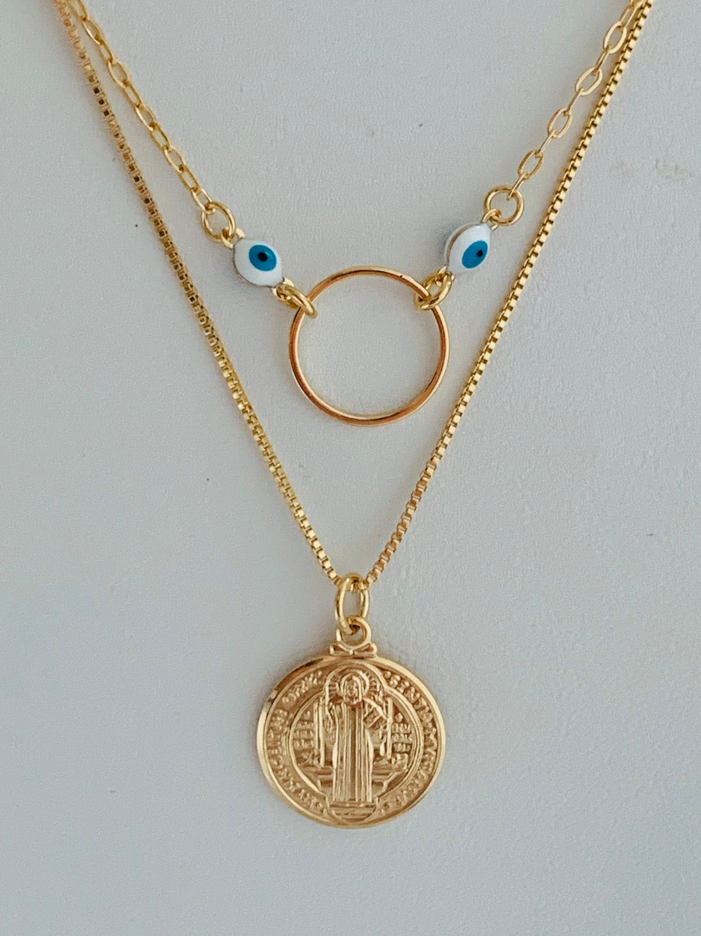 Gold Filled Layered Necklace | Saint Benedict Charm | 15" + 2" by HAUS OF MONOGRAM