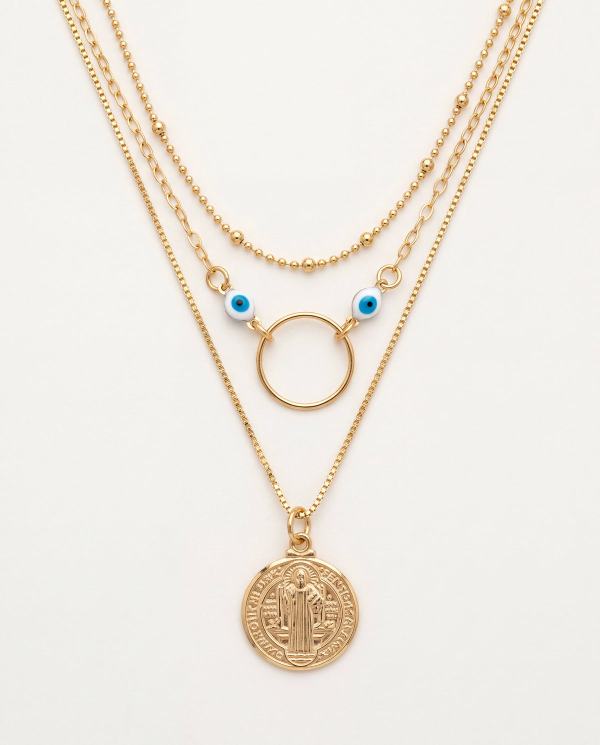 18KT Gold Filled Necklaces, Gold Filled Layered Necklace | Saint Benedict Charm | 15" + 2" by HAUS OF MONOGRAM