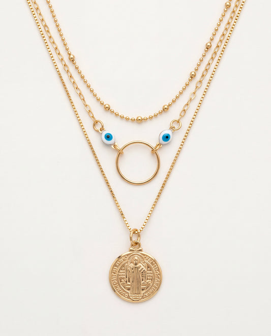 18KT Gold Filled Necklaces, Gold Filled Layered Necklace | Saint Benedict Charm | 15" + 2" by HAUS OF MONOGRAM