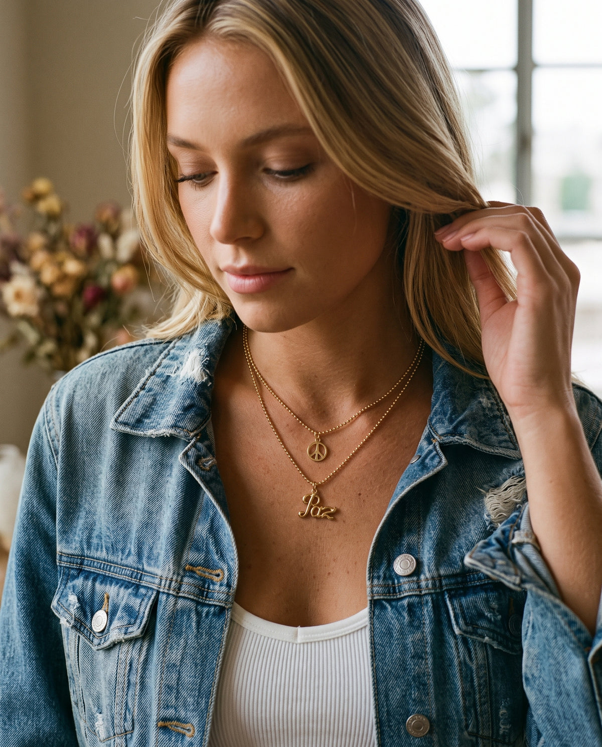 Gold Filled Layered Peace Necklace worn by a model