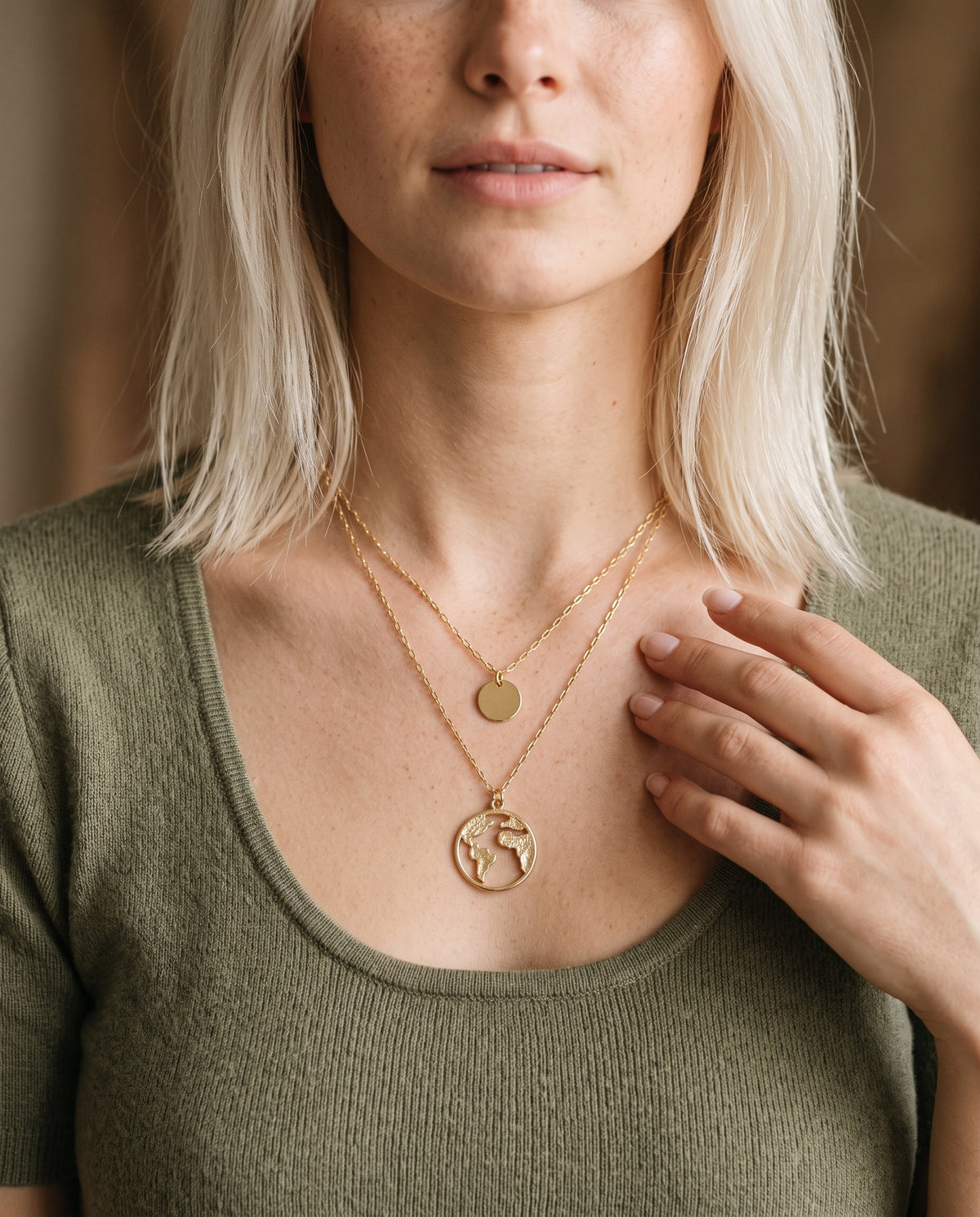 Gold Filled Layered Wanderlust Necklace worn by a model