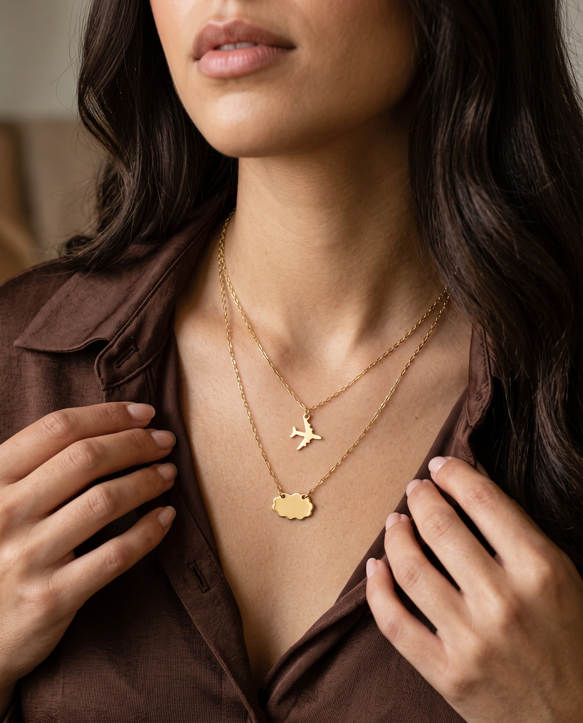 Gold Filled Wanderlust Necklace worn by a model