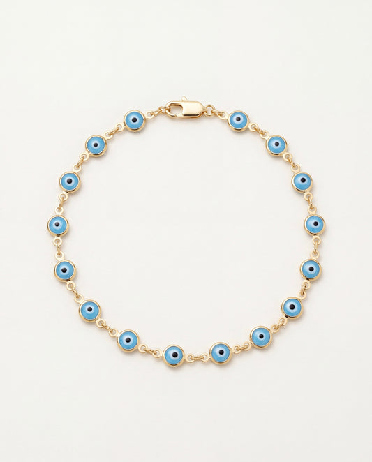 18KT Gold Filled Anklets, Gold Filled Light Blue Evil Eye Anklet | Size: 9.75" | 6mm Charm by HAUS OF MONOGRAM