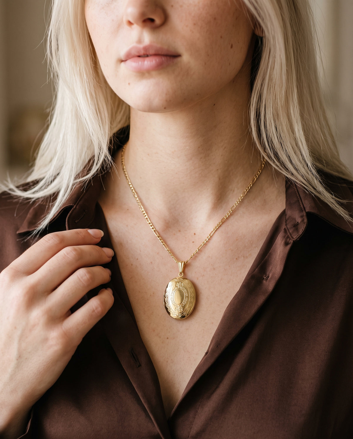 Gold Filled Locket Necklace worn by a model