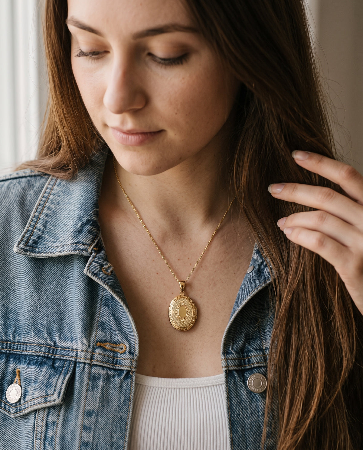 Gold Filled Locket Necklace worn by a model