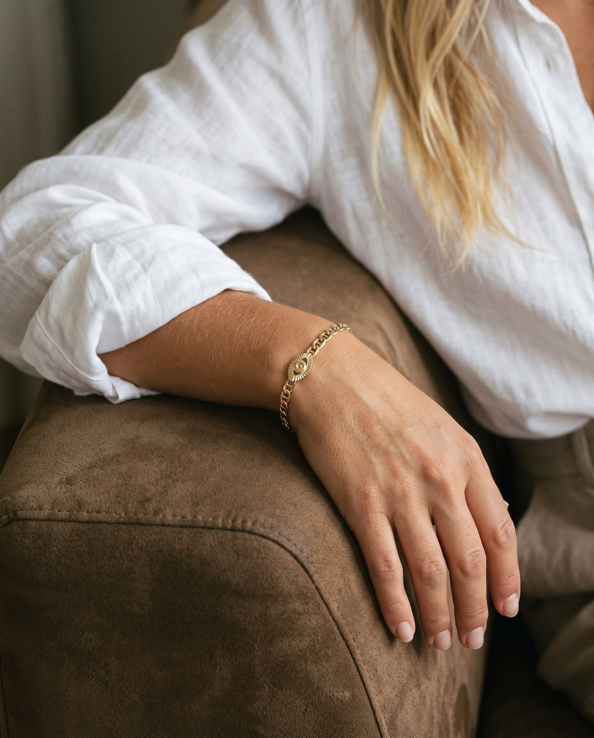 Gold Filled Mariner Link Evil Eye Bracelet worn by a model