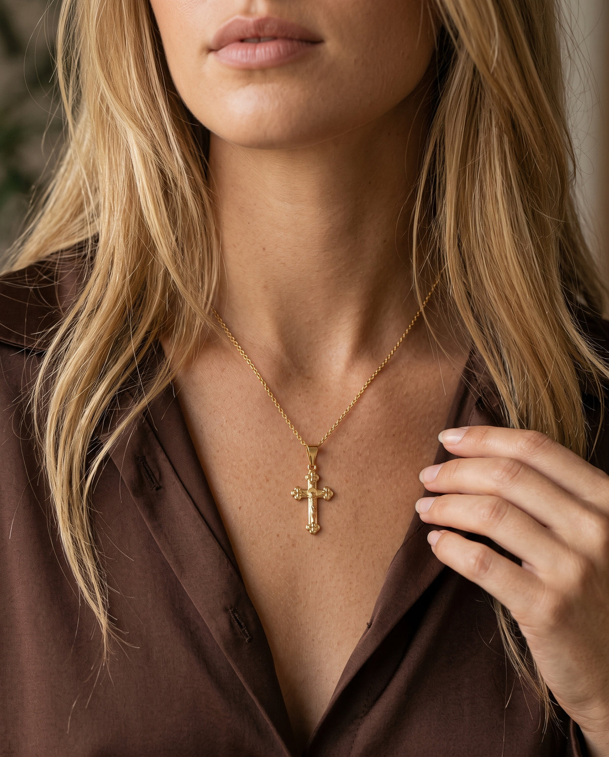 Gold Filled Mini Cross Necklace worn by a model