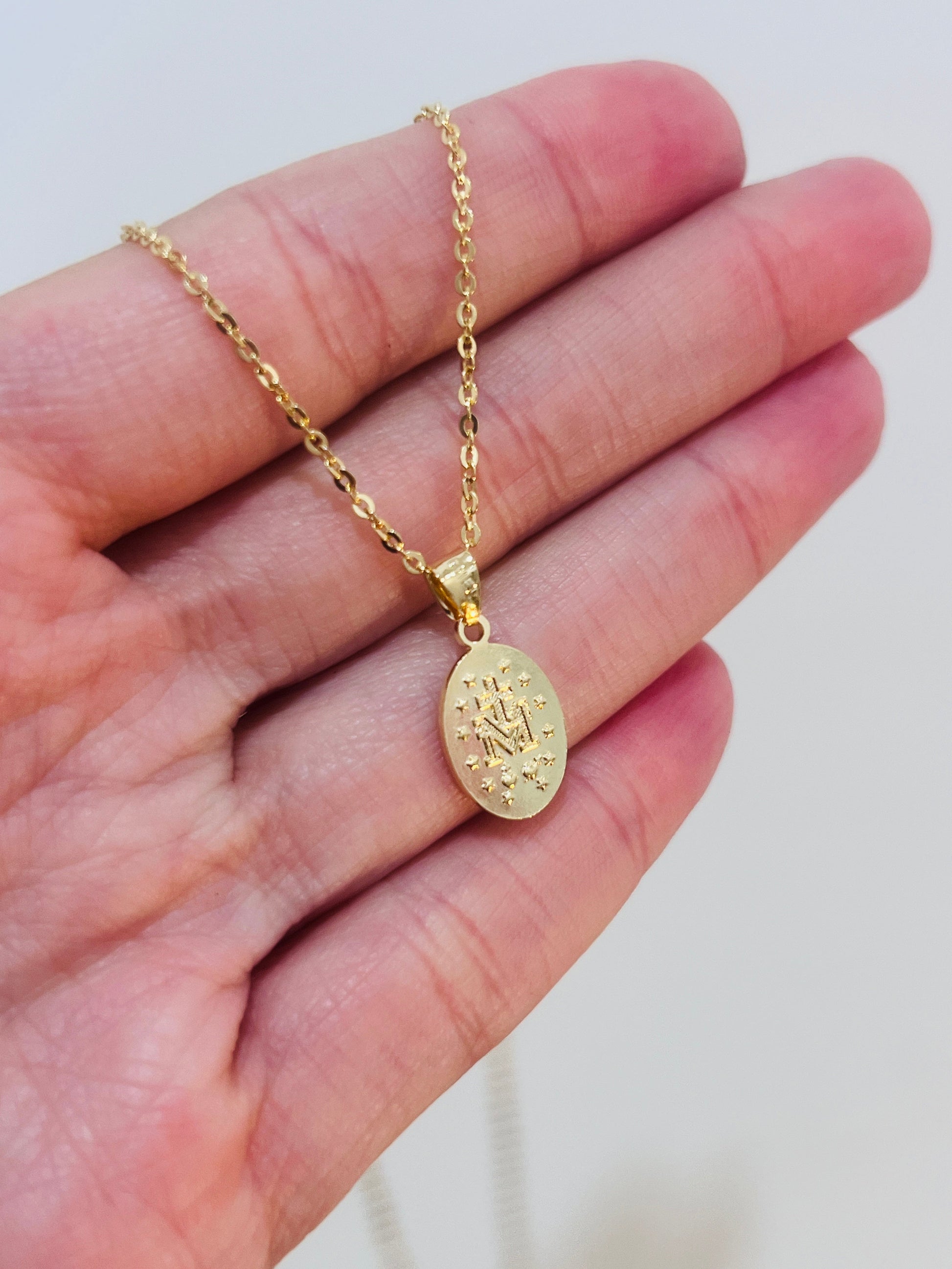 Gold Filled Mini Miraculous Medal Necklace | Dainty Catholic Medal Necklace by HAUS OF MONOGRAM - Necklaces, 14" + 2" Ext....