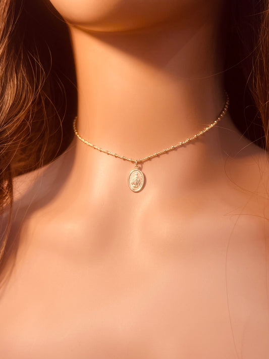 Gold Filled Mini Miraculous Medal Necklace | Delicate Devotional Charm by HAUS OF MONOGRAM - Necklaces, 14", curb/bead chain