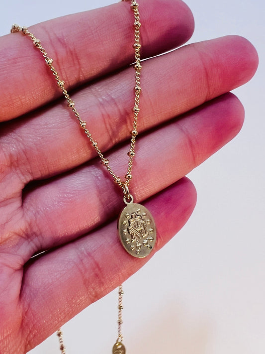 18KT Gold Filled Necklaces, Gold Filled Mini Miraculous Medal Necklace | Delicate Devotional Charm by HAUS OF MONOGRAM