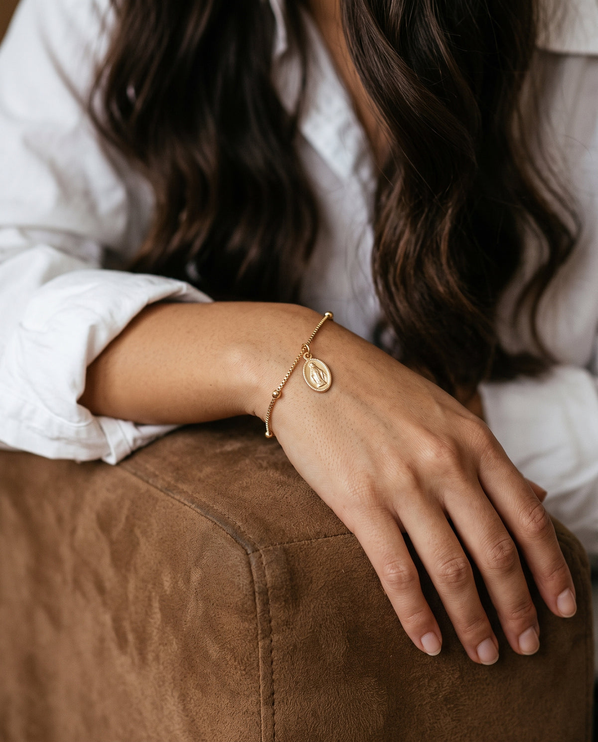 Gold Filled Miraculous Medal Bracelet worn by a model