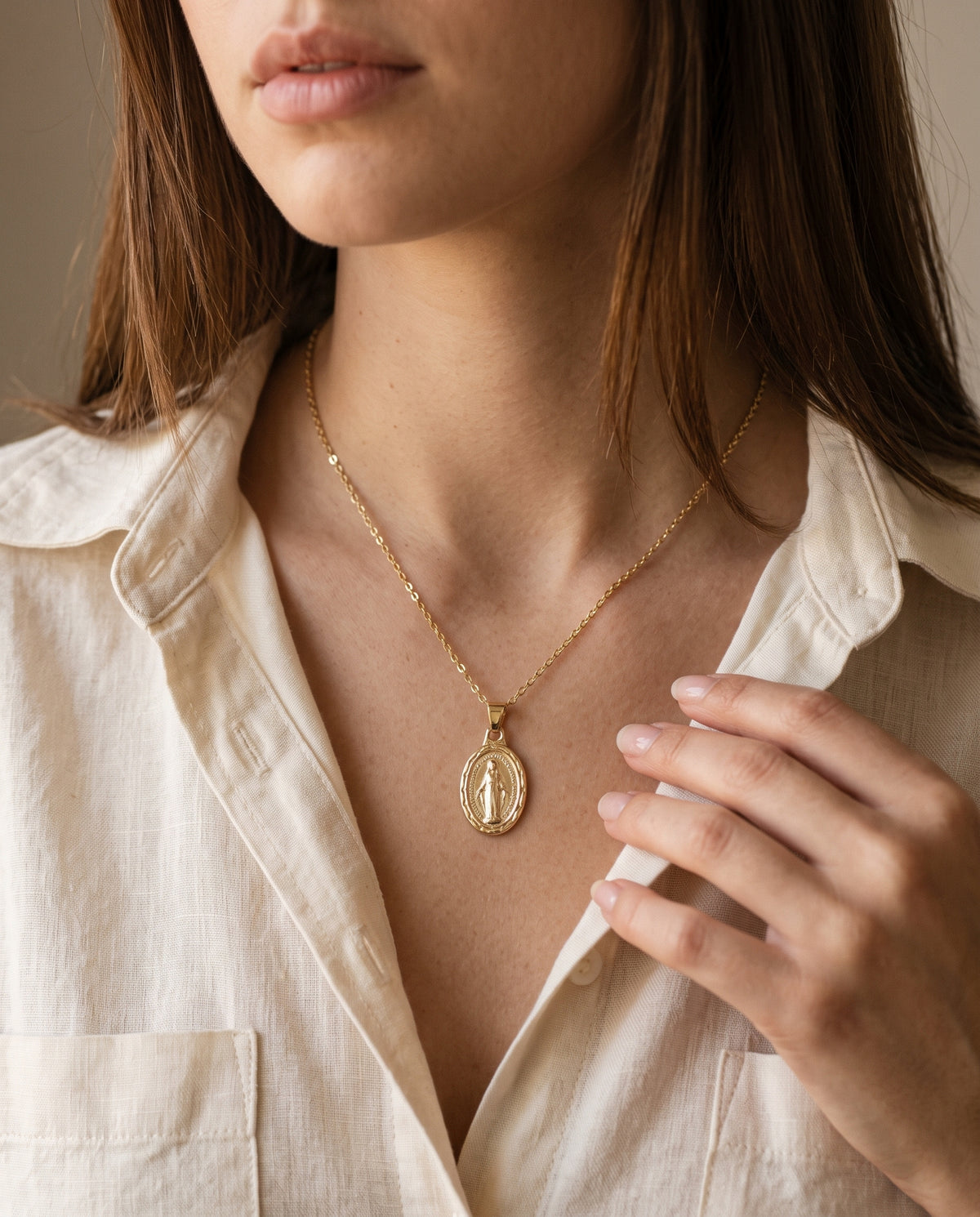 Gold Filled Miraculous Medal Necklace worn by a model
