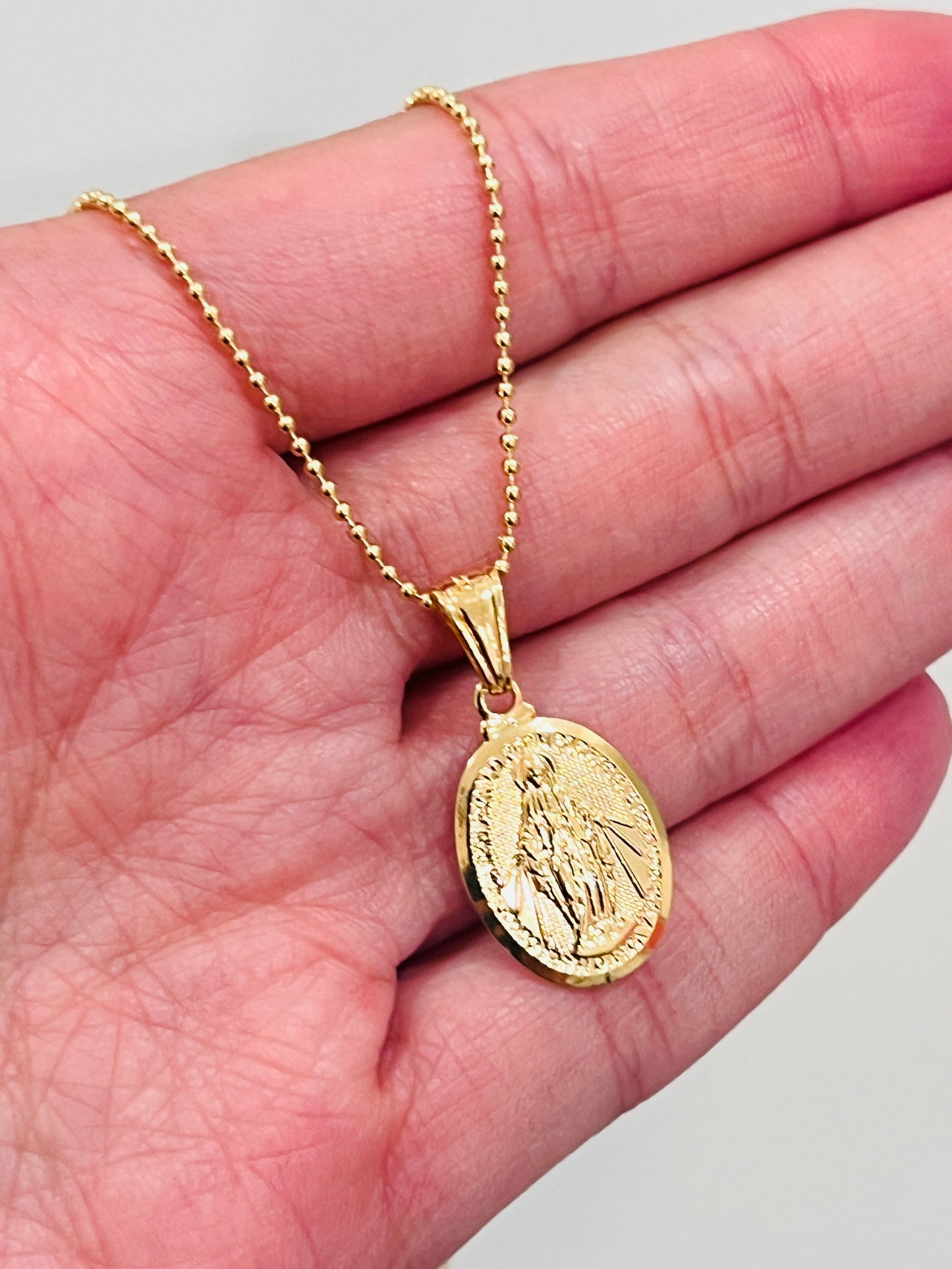 Gold Filled Miraculous Medal Necklace | 18kt Religious Charm by HAUS OF MONOGRAM - Necklaces, CURB / 16, HOM-1-1766/1-2413A