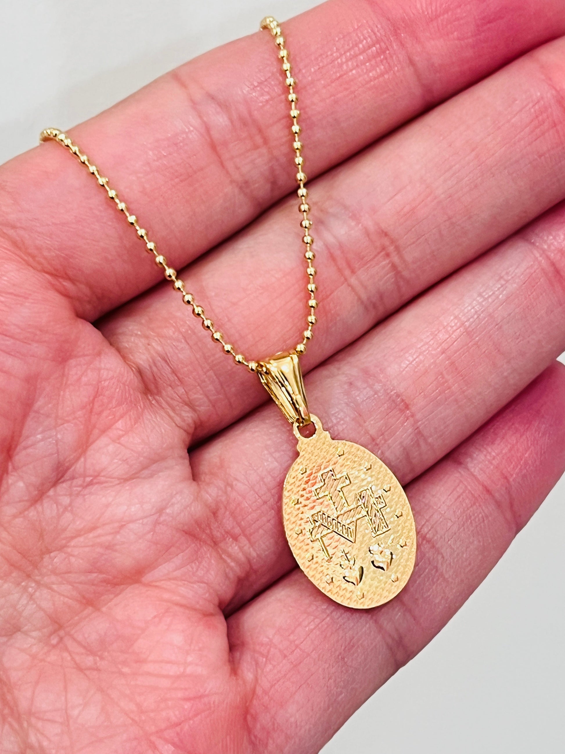 Gold Filled Miraculous Medal Necklace | 18kt Religious Charm by HAUS OF MONOGRAM - Necklaces, CURB / 16, HOM-1-1766/1-2413A