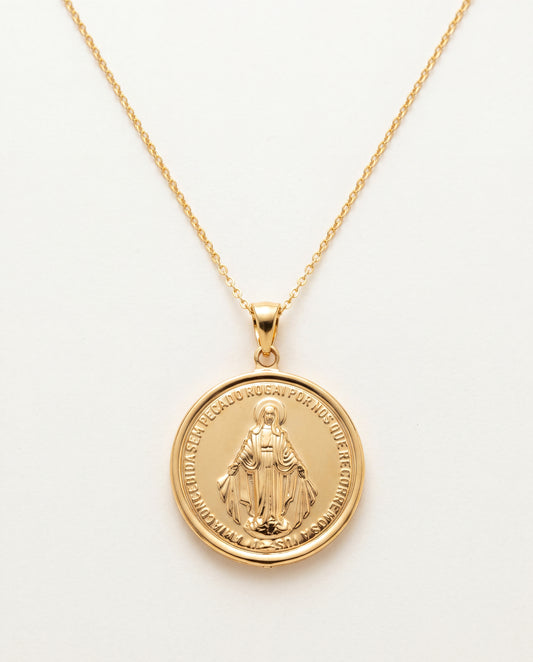 18KT Gold Filled Necklaces, Gold Filled Miraculous Medal Necklace | 30x35mm Virgin Mary Pendant by HAUS OF MONOGRAM