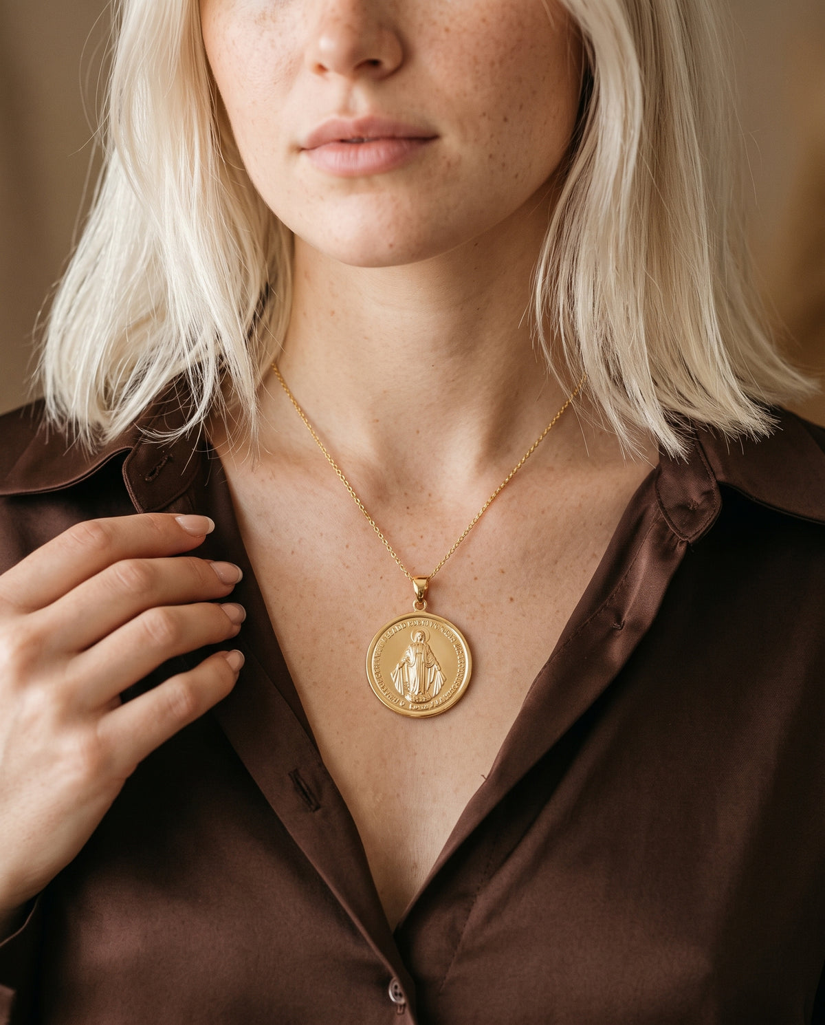 Gold Filled Miraculous Medal Necklace worn by a model