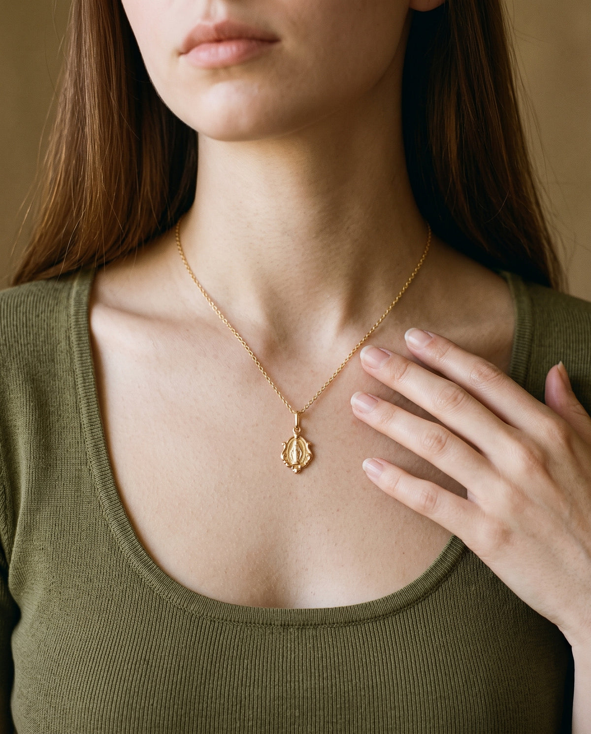 Gold Filled Miraculous Medal Necklace worn by a model