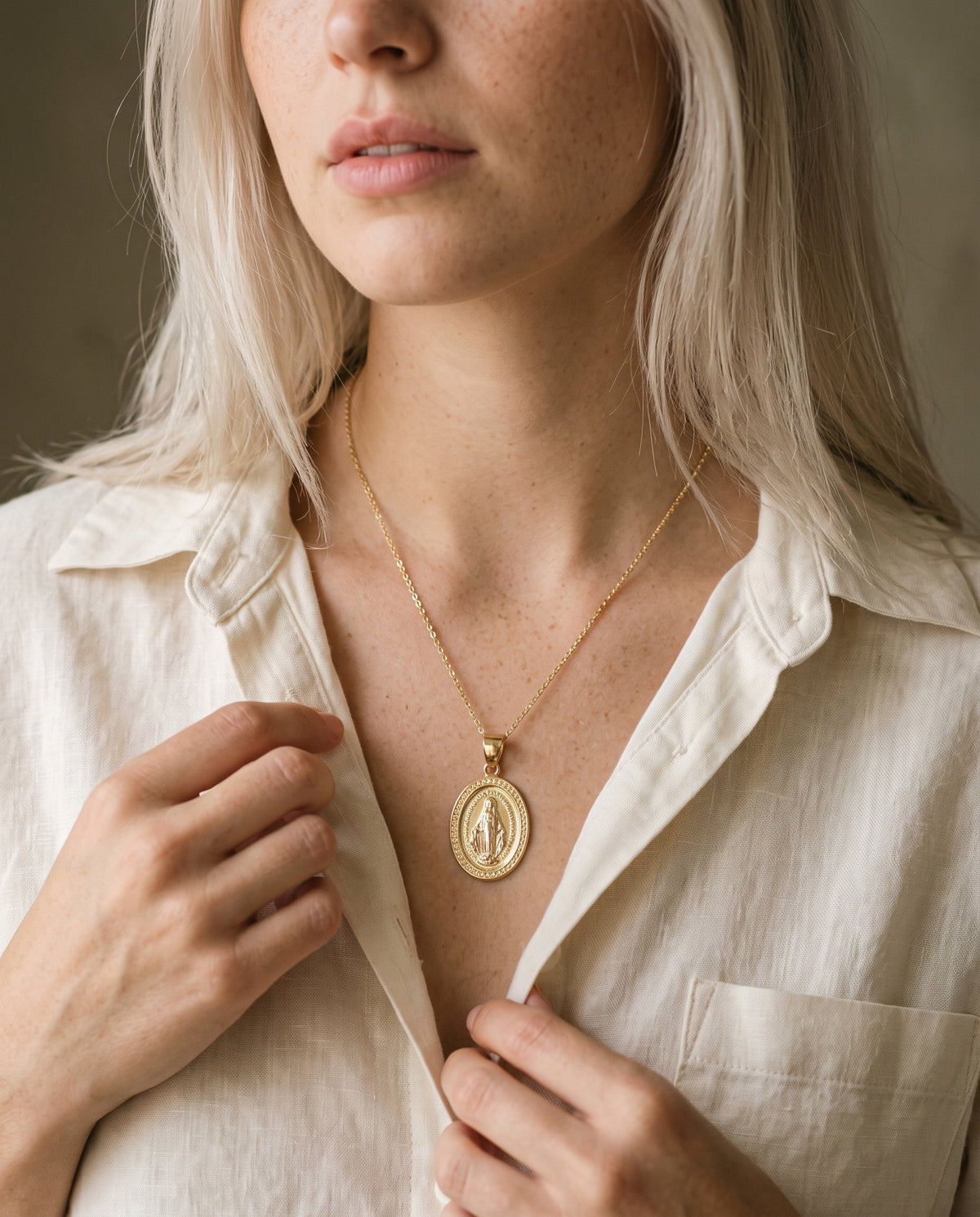 Gold Filled Miraculous Medal Necklace worn by a model