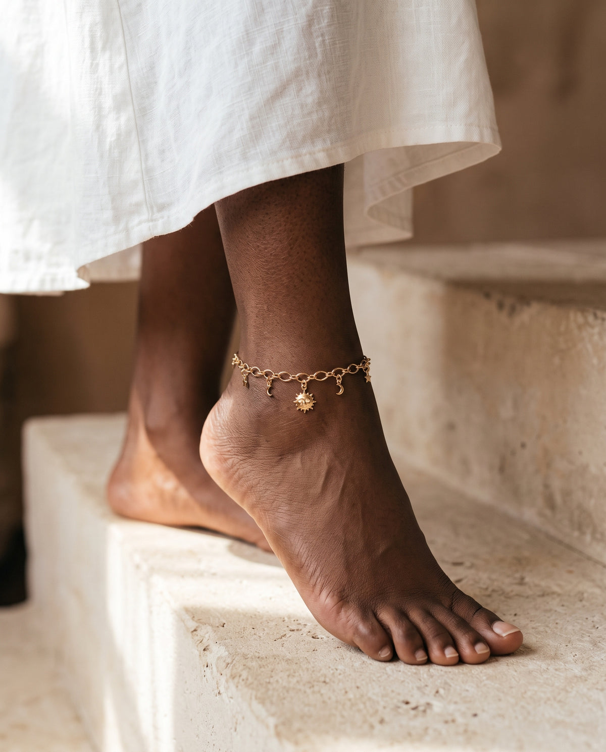 Gold Filled Multi Charm Anklet worn by a model