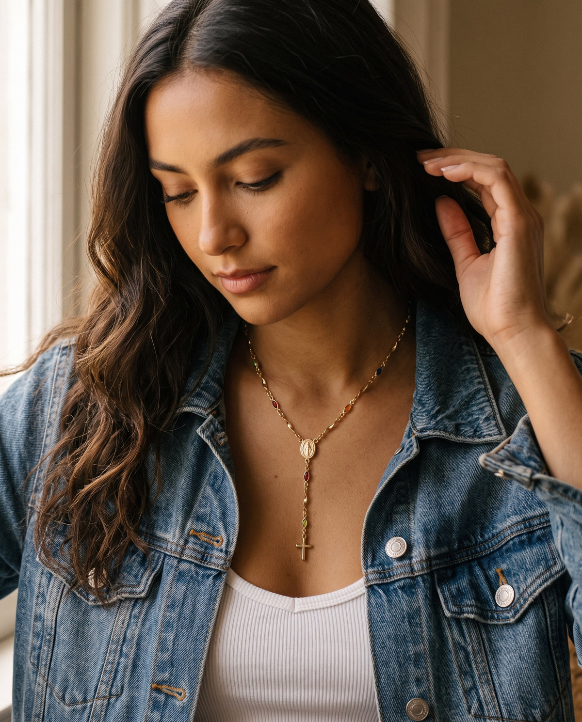Gold Filled Multicolor Crystal Rosary Necklace worn by a model
