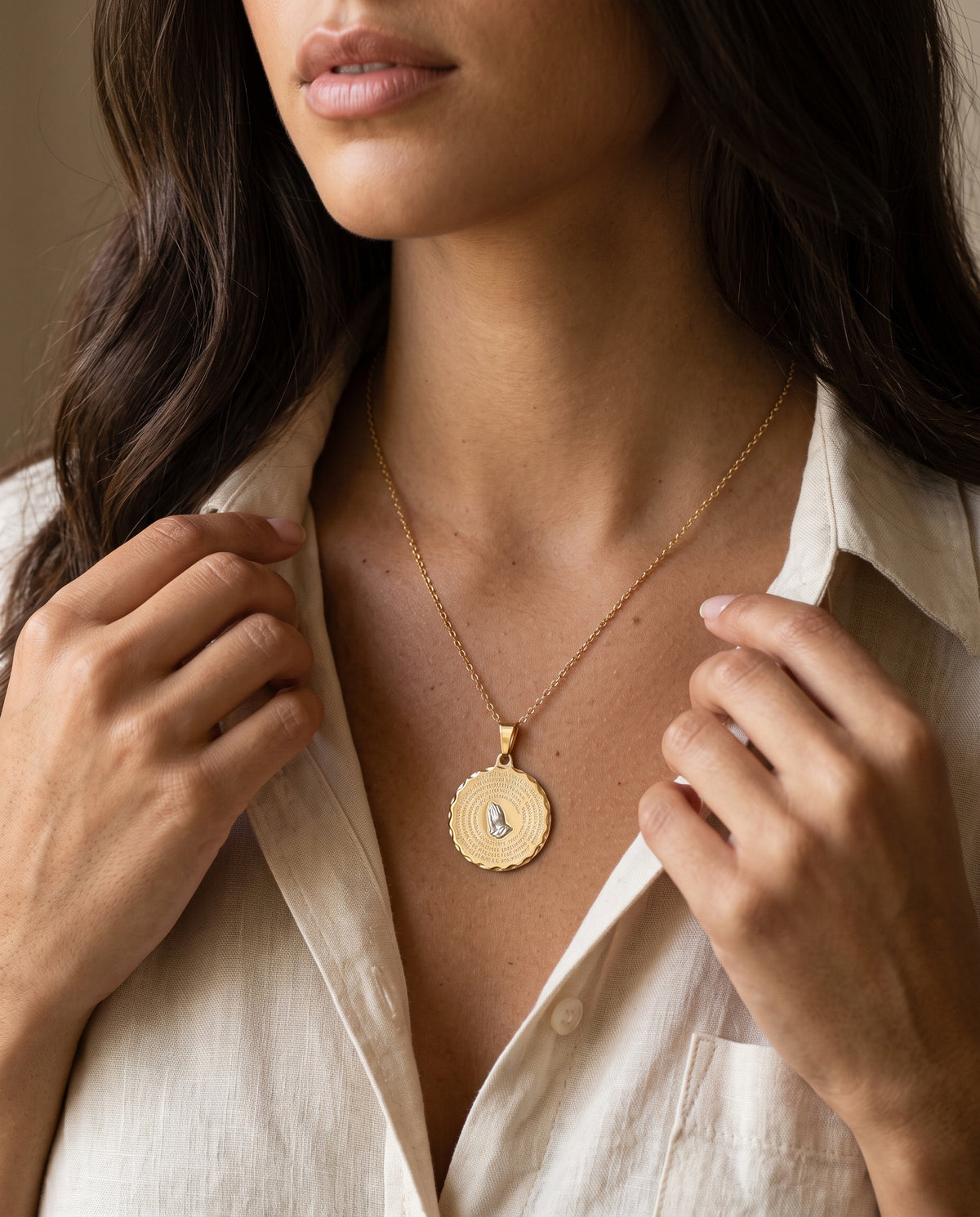 Gold Filled Our Father Prayer Necklace worn by a model