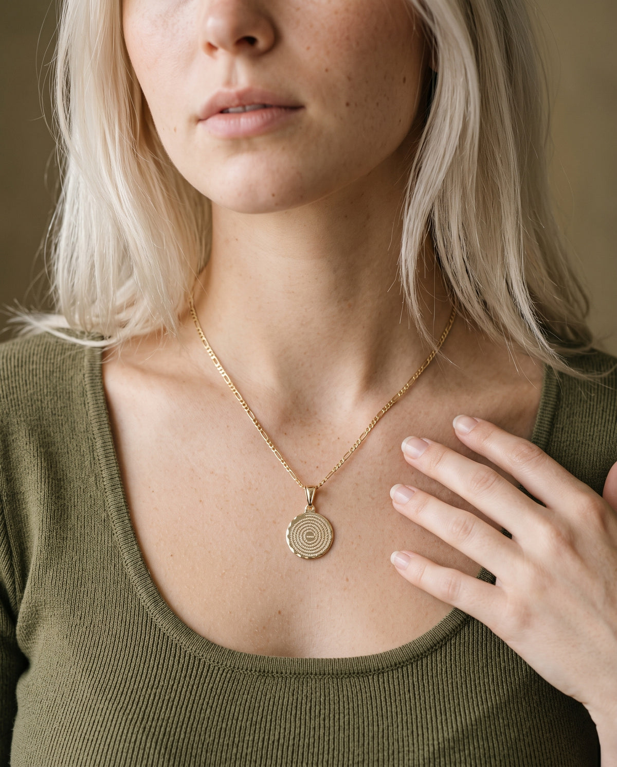 Gold Filled Our Father Prayer Necklace worn by a model
