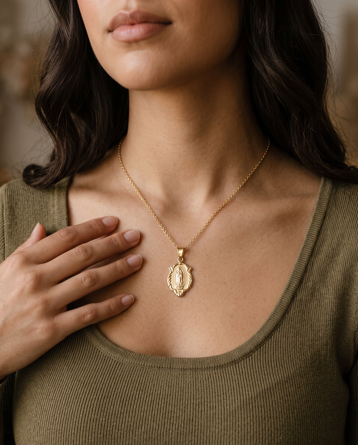 Gold Filled Our Lady of Guadalupe Necklace worn by a model