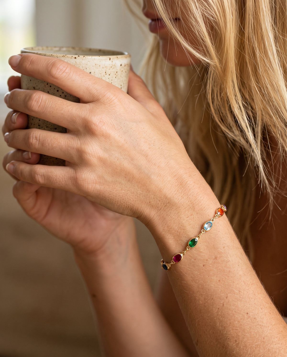 Gold Filled Oval Gemstone Bracelet worn by a model