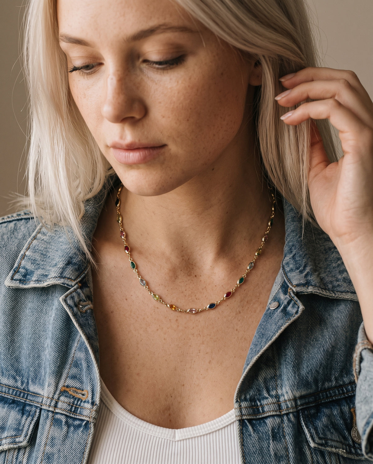 Gold Filled Oval Gemstone Necklace worn by a model