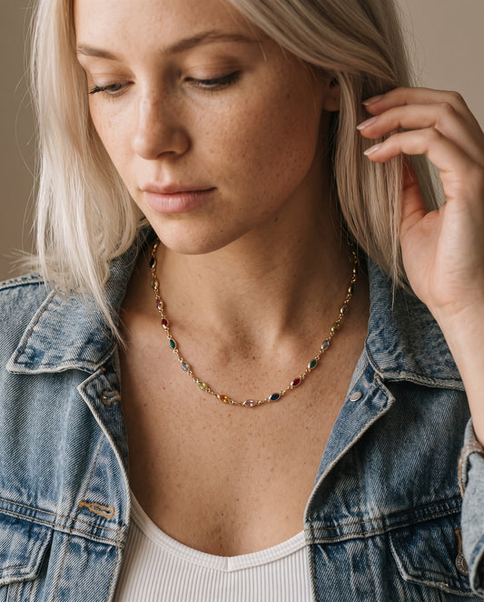 Gold Filled Oval Gemstone Necklace worn by a model