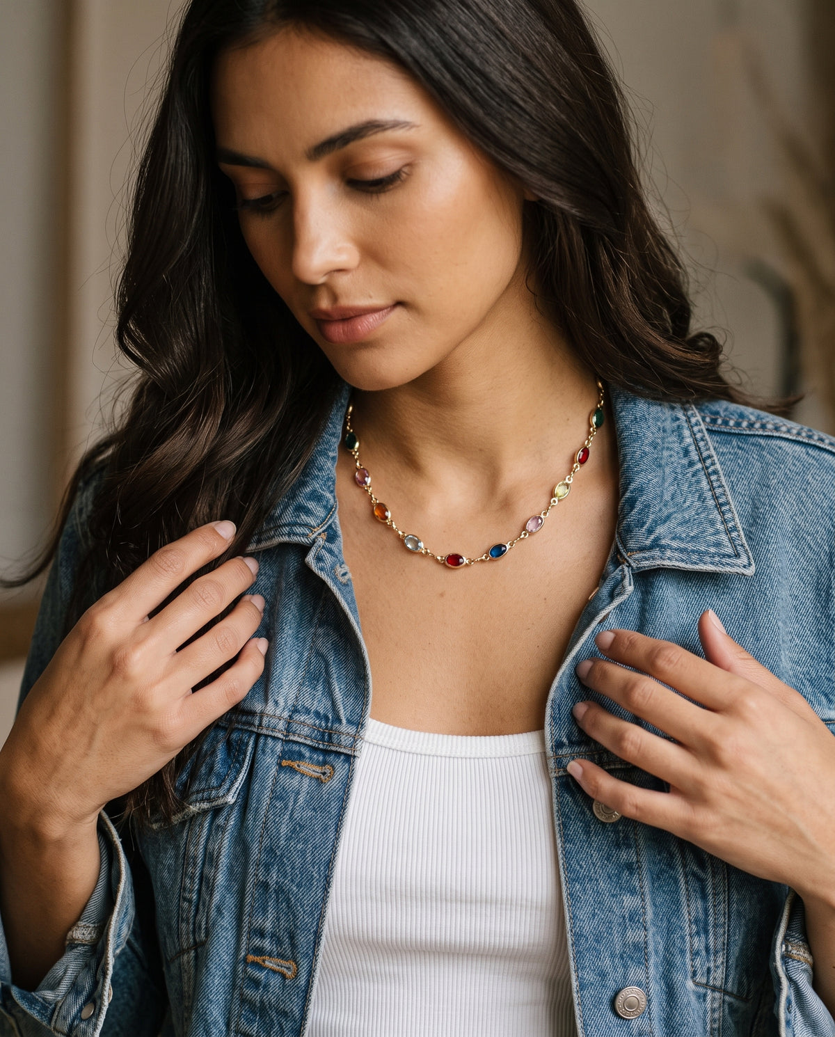 Gold Filled Oval Gemstone Necklace worn by a model