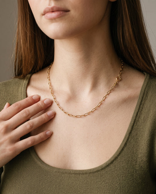 Gold Filled Oval Paperclip Necklace worn by a model