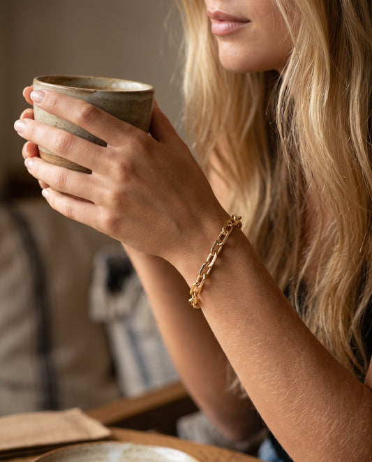 Gold Filled Paperclip Bracelet worn by a model