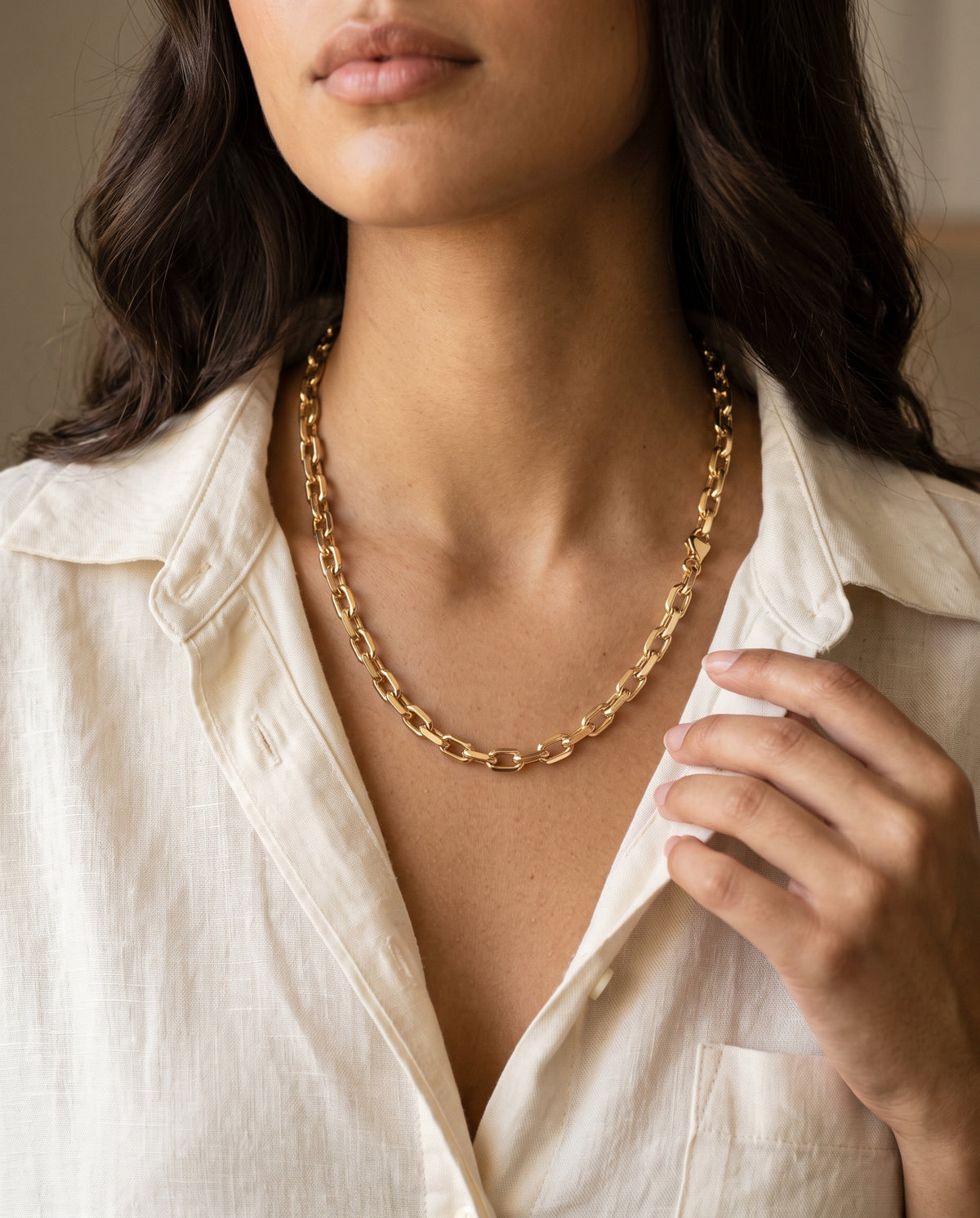 Gold Filled Paperclip Chain worn by a model