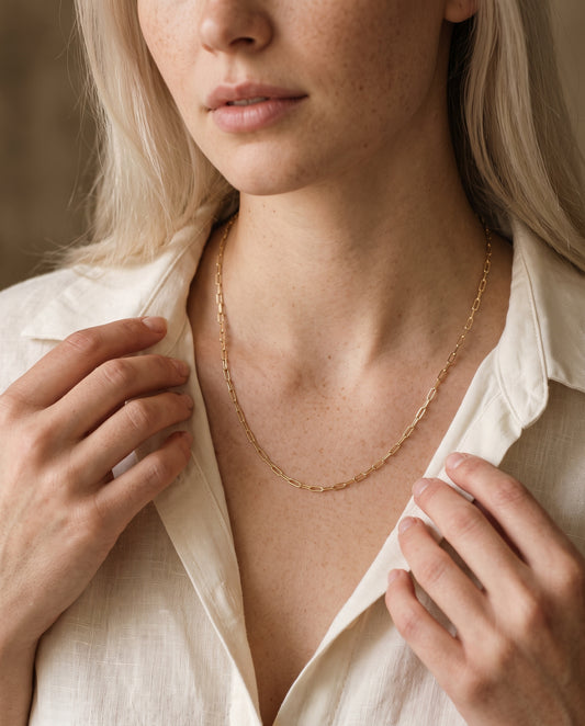 Gold Filled Paperclip Necklace worn by a model