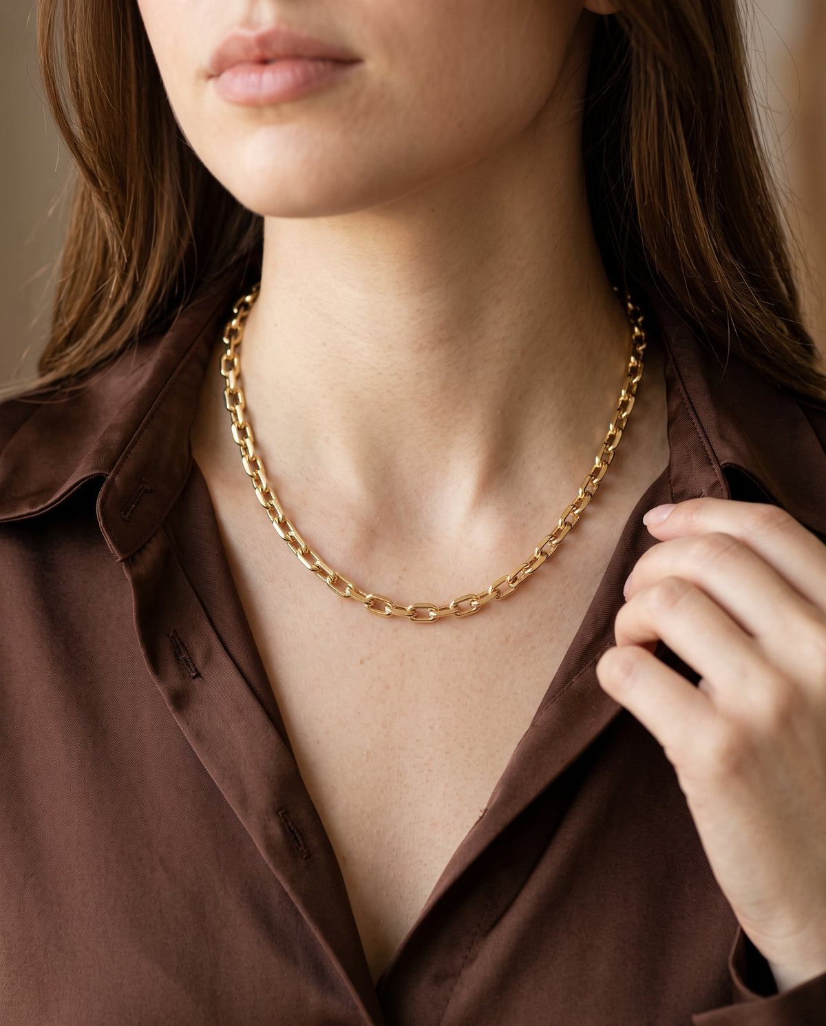 Gold Filled Paperclip Necklace worn by a model