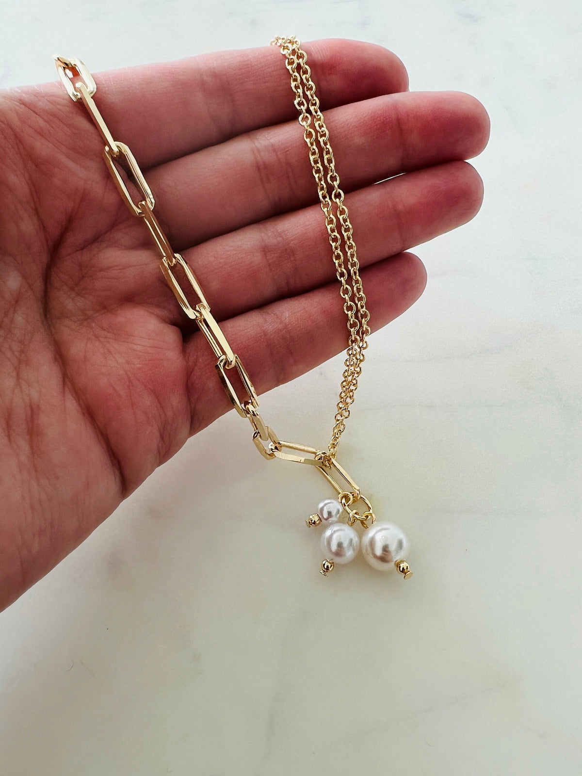 18KT Gold Filled Necklaces, Gold Filled Paperclip Toggle Necklace | Pearl Accent 18" by HAUS OF MONOGRAM