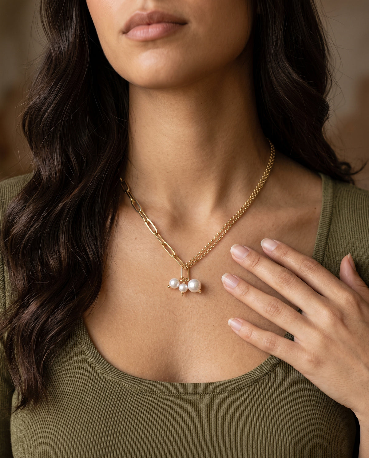 Gold Filled Paperclip Toggle Necklace worn by a model